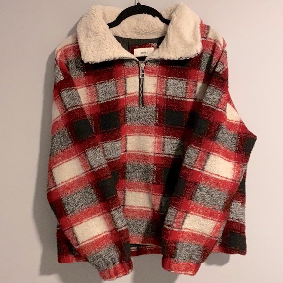 Red checkered Sherpa quarter zip jacket - Picture 1 of 5